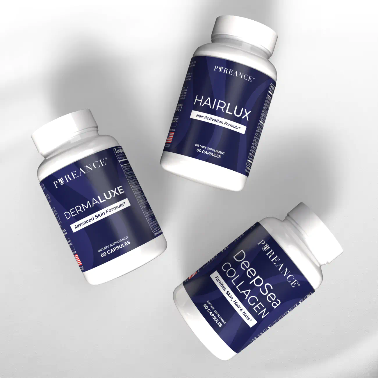 Pureance DeepSea Collagen and Dermaluxe supplement bottles for hair, skin, and nails