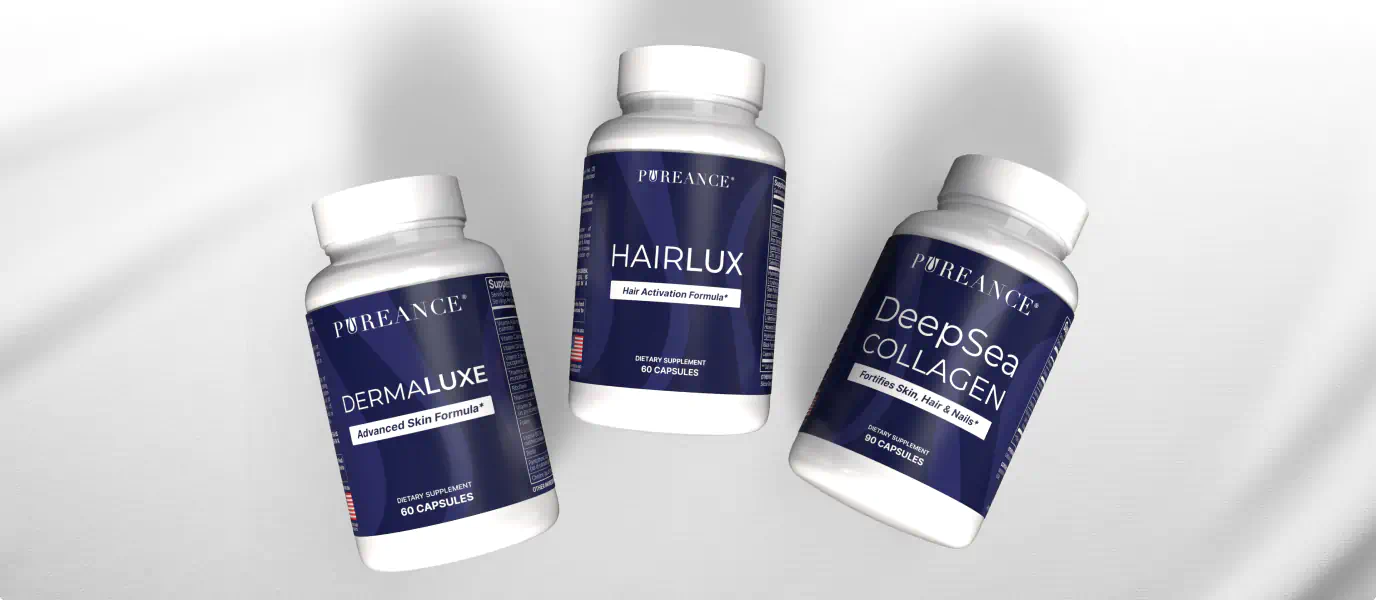 Pureance DeepSea Collagen and Dermaluxe supplement bottles for hair, skin, and nails