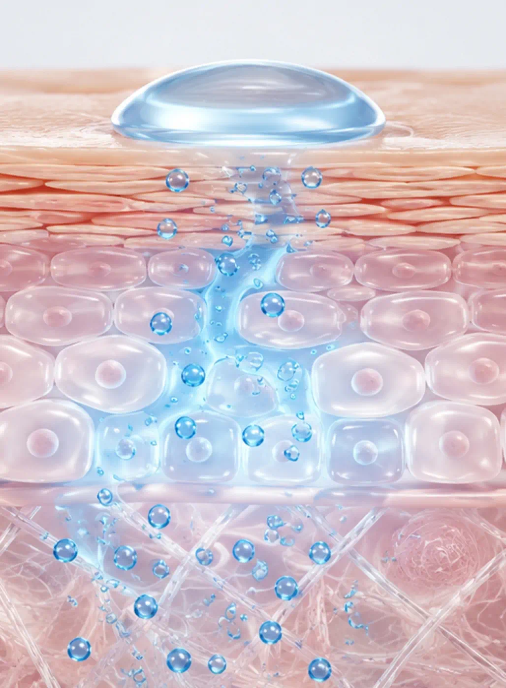 Cross-section illustration of hydration penetrating the skin layers