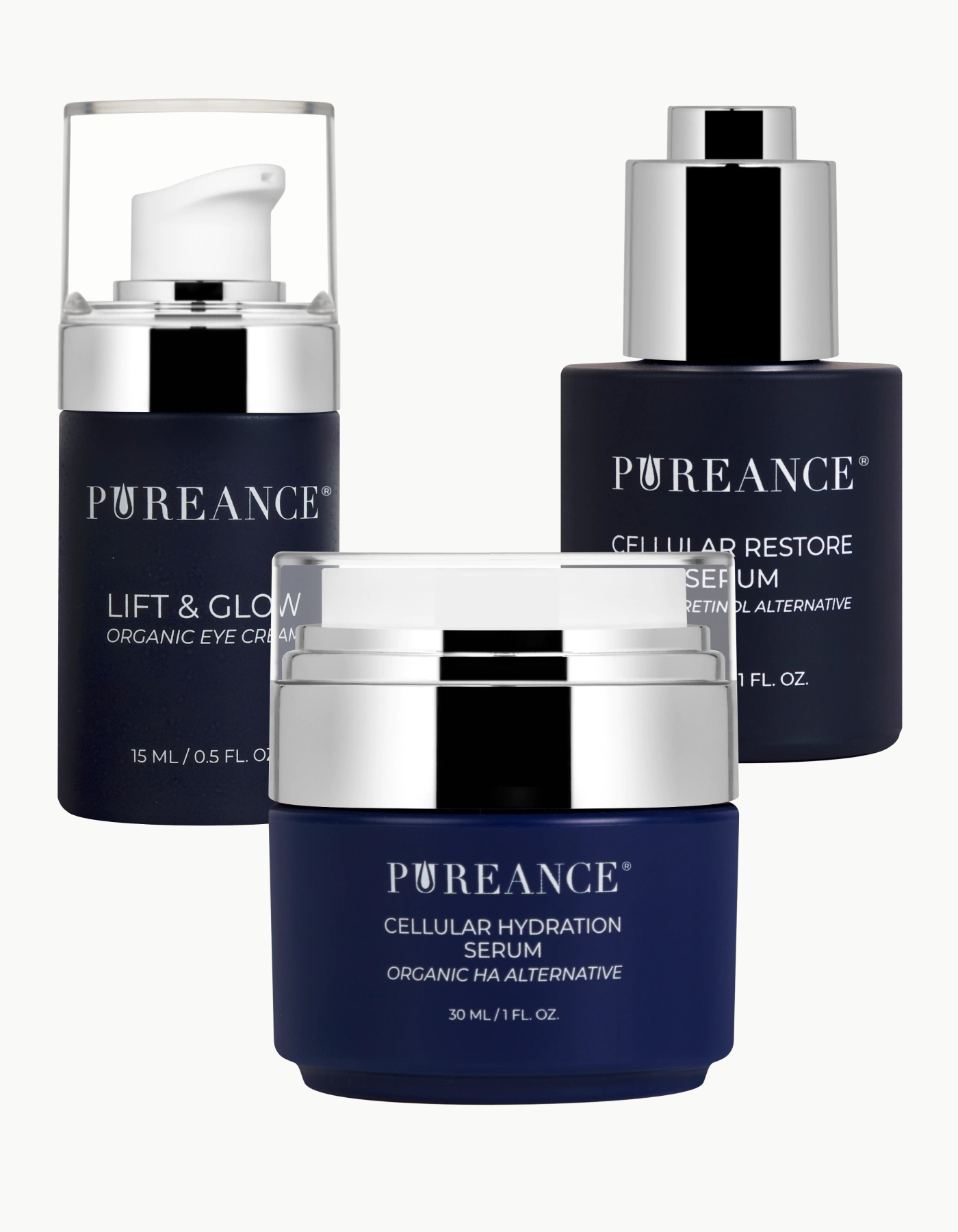 Pureance skincare products for fine lines and wrinkles, eye cream and two serums