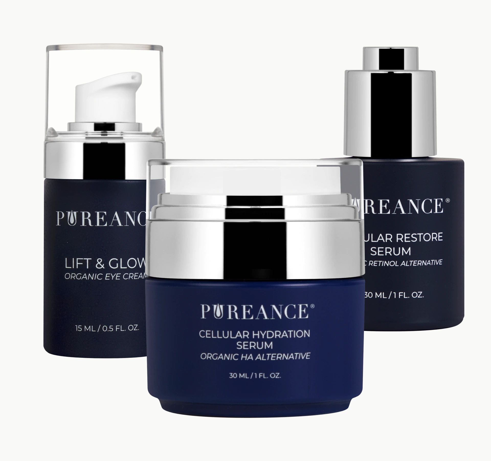Pureance skincare products for fine lines and wrinkles, eye cream and two serums