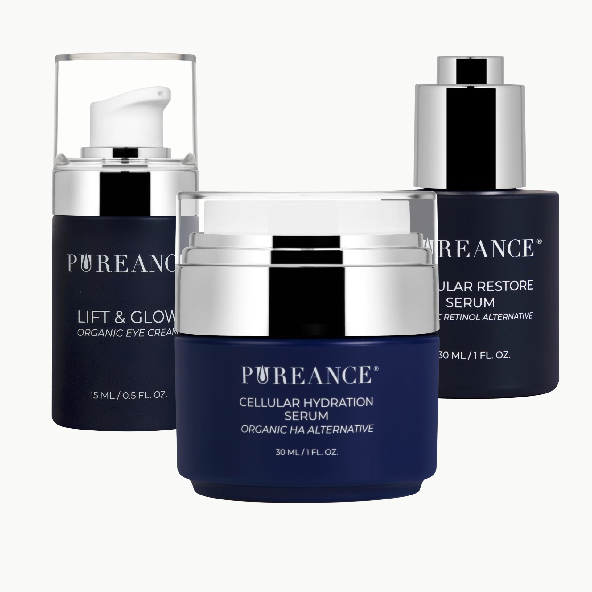 Pureance skincare products for fine lines and wrinkles, eye cream and two serums