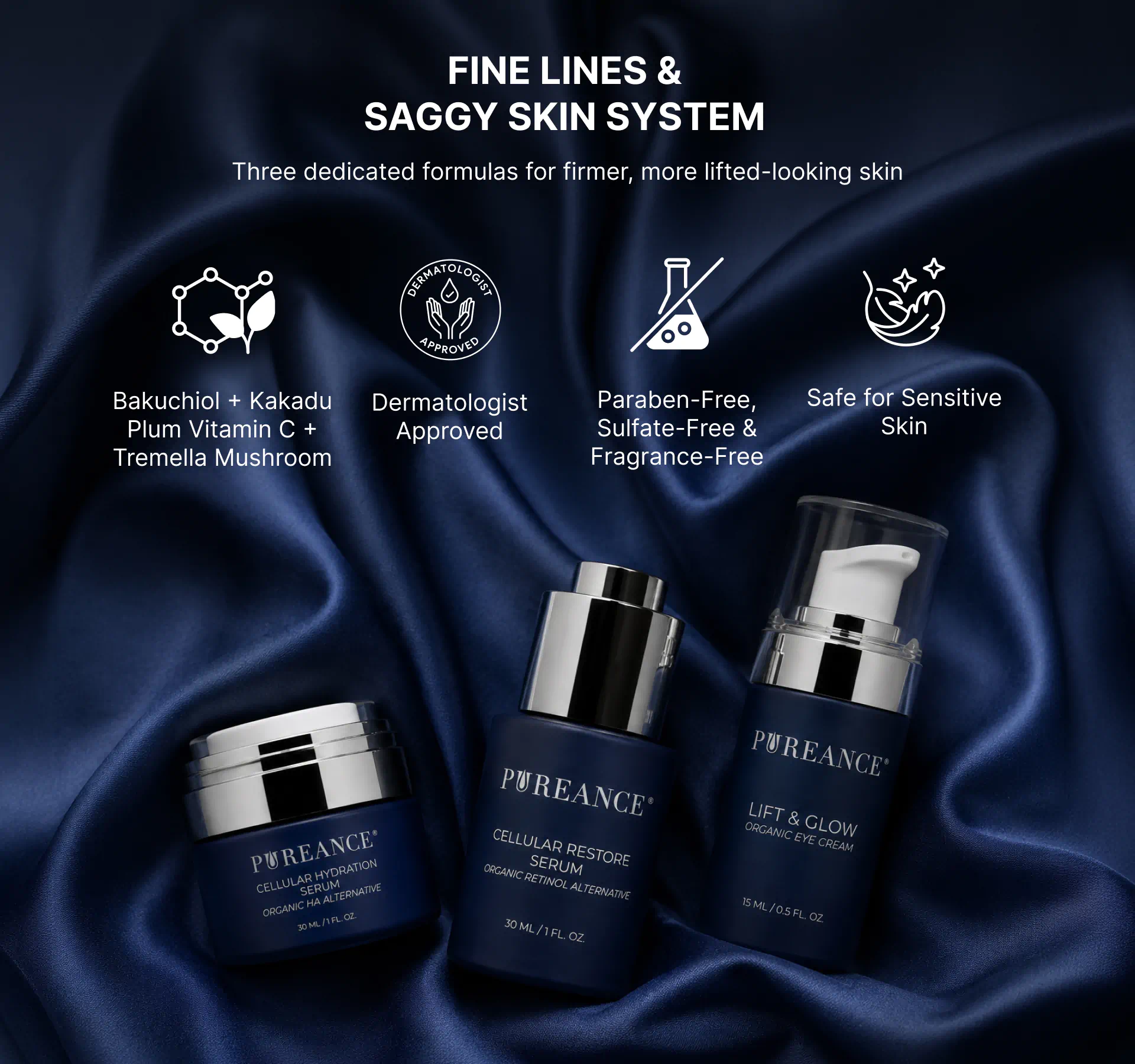 Three Pureance skin firming products on navy silk