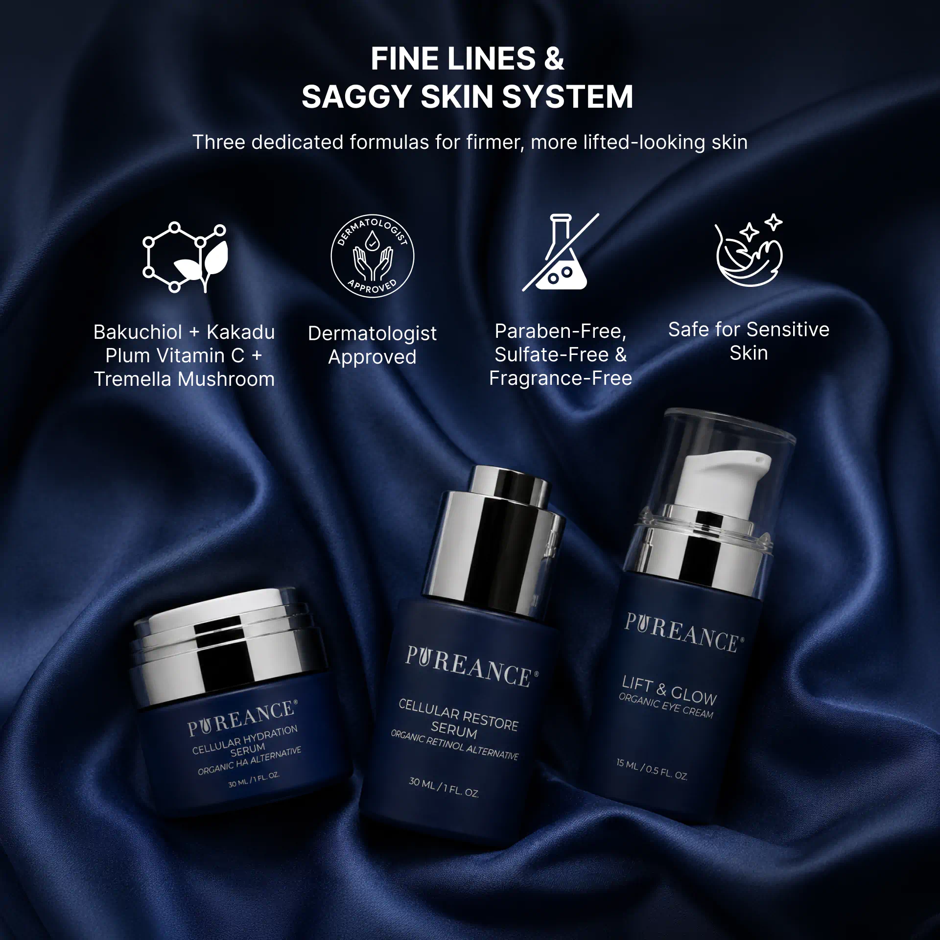 Three Pureance skin firming products on navy silk