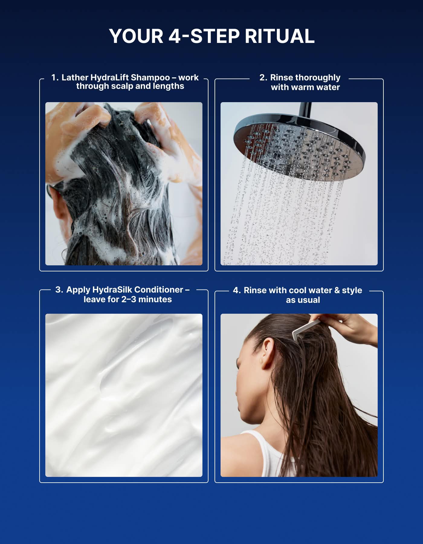 HydraLift and HydraSilk four-step hair care ritual instructions