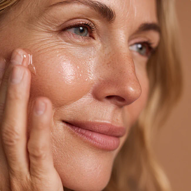 Close-up of a smiling woman gently applying clear serum to her cheek