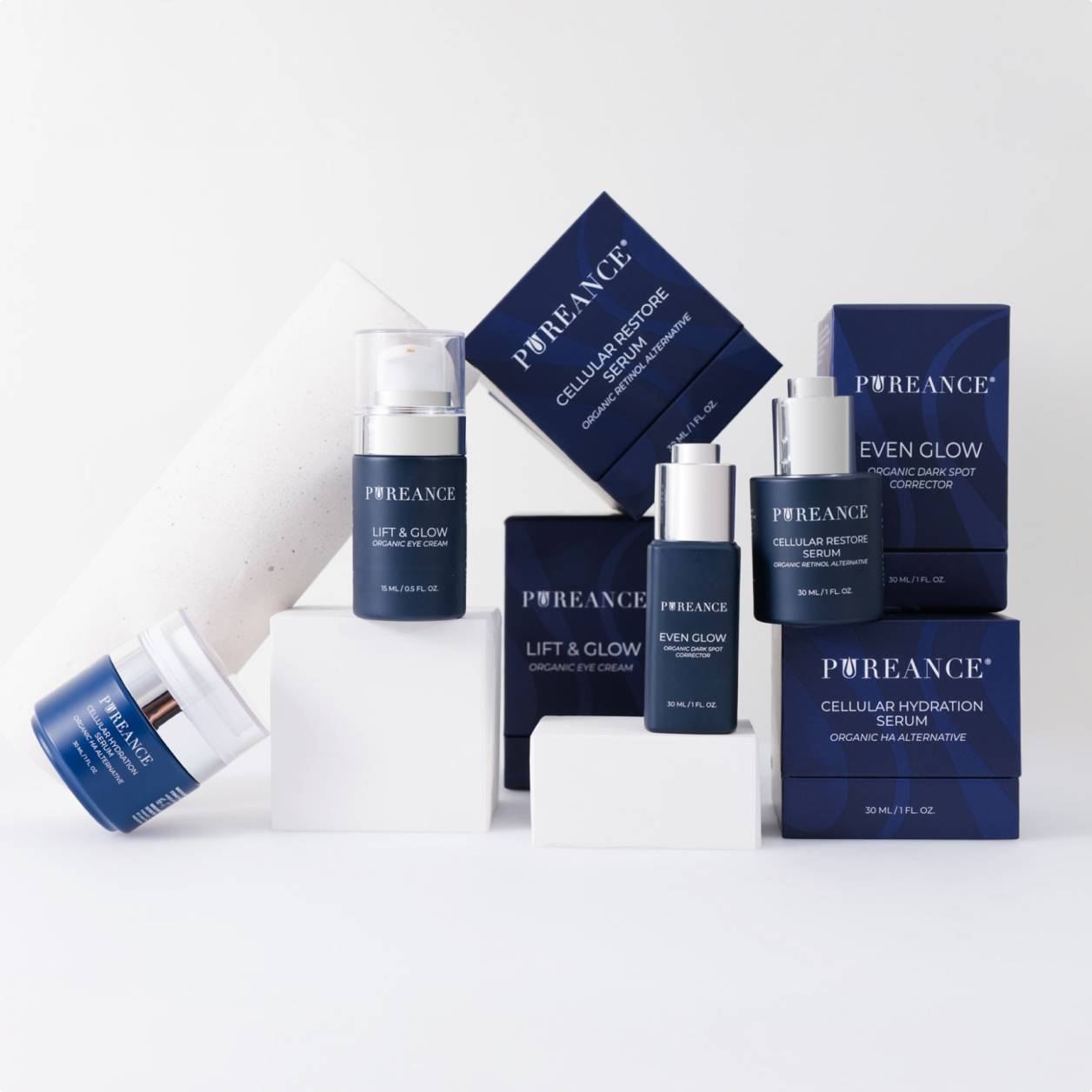 Pureance organic skincare product collection with serums and creams