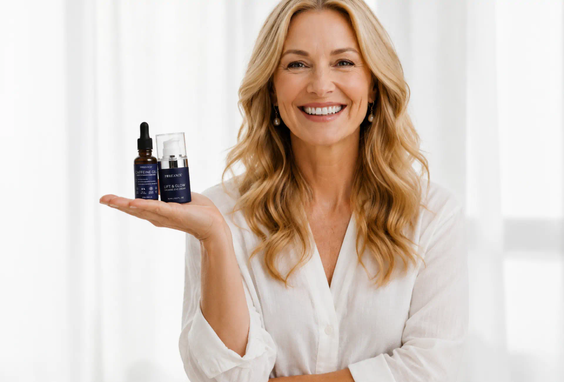 Woman holding Pureance Lift & Glow and Caffeine Gel products
